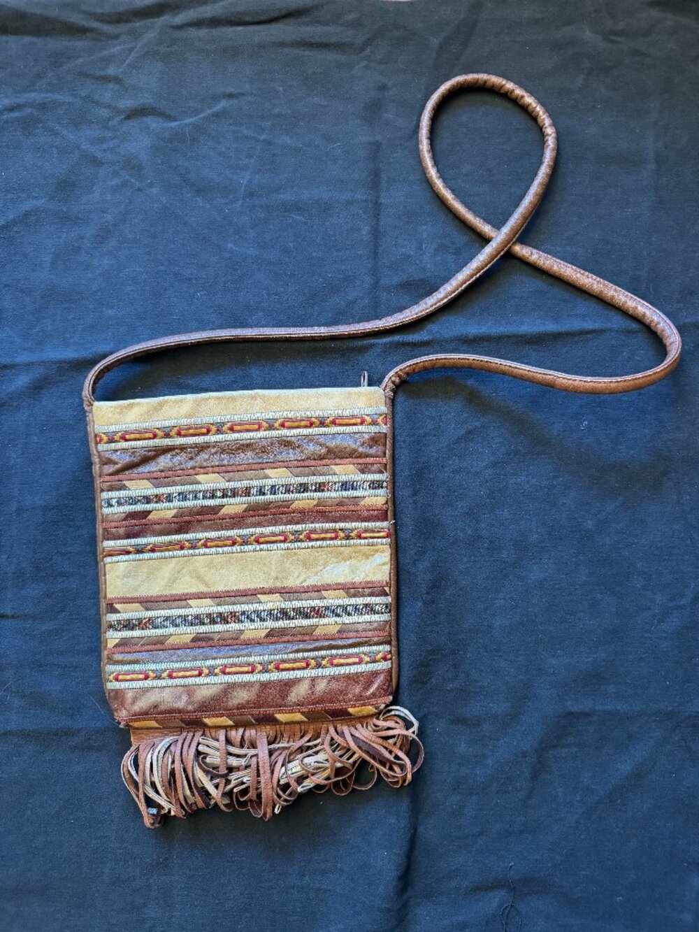 Vintage SHARIF Multi-Color Striped Leather Fringe Crossbody Bag